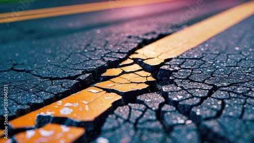 Cracked asphalt road with yellow markings under diffuse evening light close up perspective