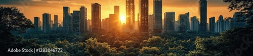 Sunset Over a Green-Covered Urban Skyline with Eco Buildings. Generative AI photo