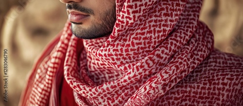 Traditional Saudi Arabian man wearing a red and white shemagh headscarf with intricate patterns, set against a warm-toned, blurred background.