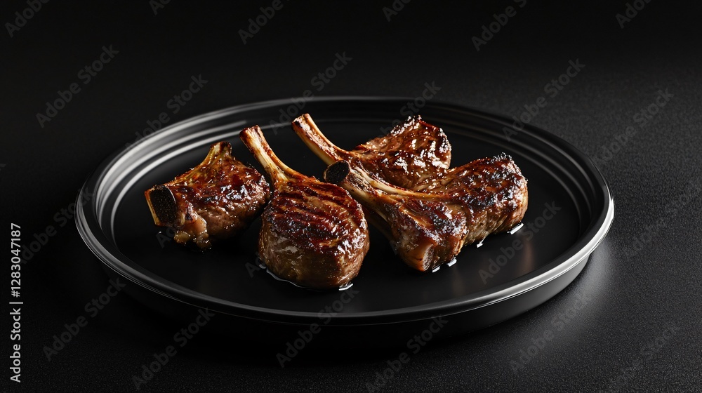 Black garlic-infused lamb cutlets with charred leeks and a rich bone marrow butter glaze, served on a black ceramic plate Black garlic-infused lamb cutlets with charred leeks and a rich bone marrow butter glaze, served on a black ceramic plate