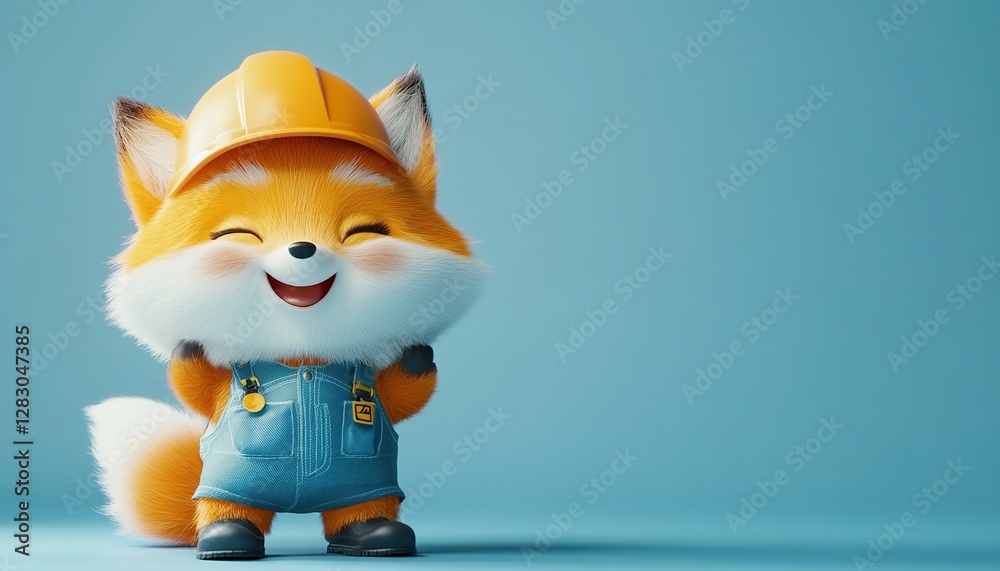 Fototapeta premium Cute Happy Smiling 3D Builder Constructor Orange Fox Blue Background Copy Space