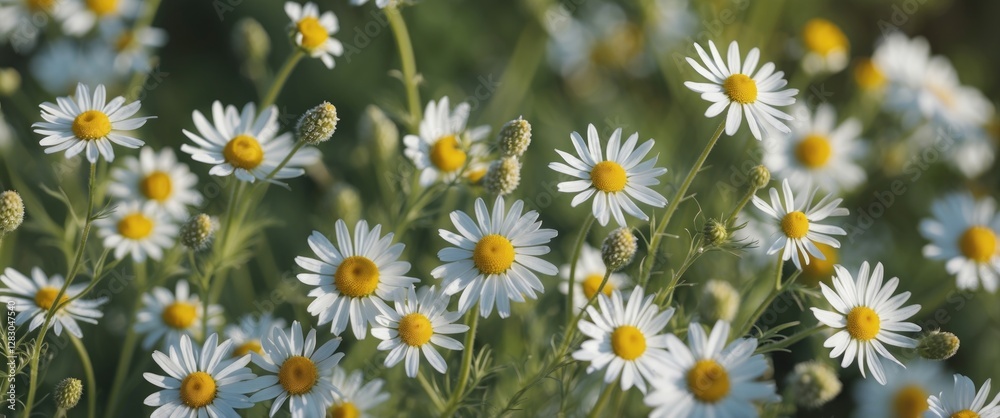 Chamomile Flowers in Full Bloom on a Summer Day with Lush Greenery and Space for Text Overlay Chamomile Flowers in Full Bloom on a Summer Day with Lush Greenery and Space for Text Overlay