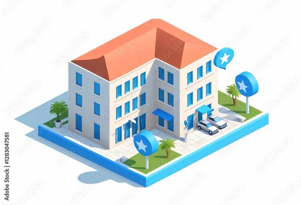 Isometric View of Modern Building with Star Rating Cars Parked Palm Trees and Location Markers Isometric View of Modern Building with Star Rating Cars Parked Palm Trees and Location Markers