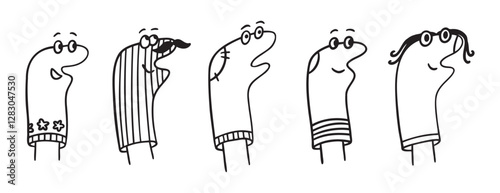 Funny sock dolls doodle hand drawn icon. Outline drawing theatrical characters. Home puppet theatre line clipart symbol. Socks with eyes and mouth 