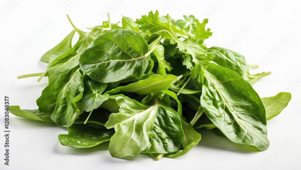 Fresh assortment of green leafy vegetables including spinach and lettuce on a white background. Fresh assortment of green leafy vegetables including spinach and lettuce on a white background.