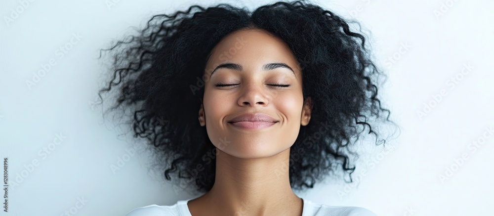 Confident female entrepreneur with curly hair smiling gently against a clean white backdrop radiating business assurance and positive energy. Confident female entrepreneur with curly hair smiling gently against a clean white backdrop radiating business assurance and positive energy.