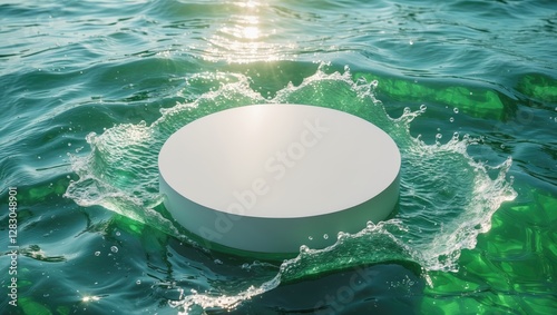 Circular white object in water creating splash surrounded by ripples and sunlight reflections on surface