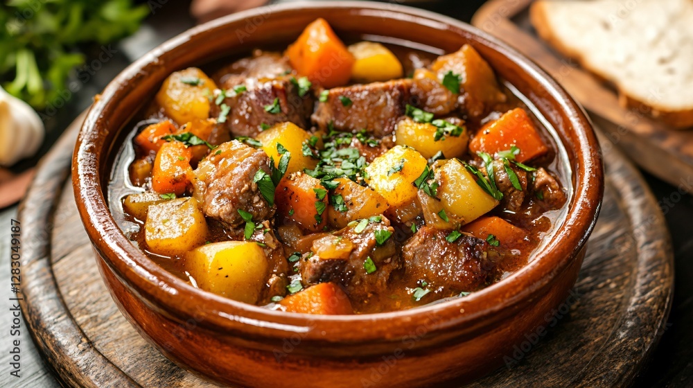 Farmhouse-style lamb stew, served in a rustic clay bowl with fresh herbs and a wooden spoon resting beside it Farmhouse-style lamb stew, served in a rustic clay bowl with fresh herbs and a wooden spoon resting beside it