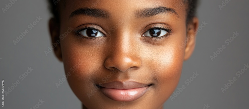 Fototapeta premium Confident African female teenager with a warm smile showcasing empowerment and strength, set against a neutral gray background.
