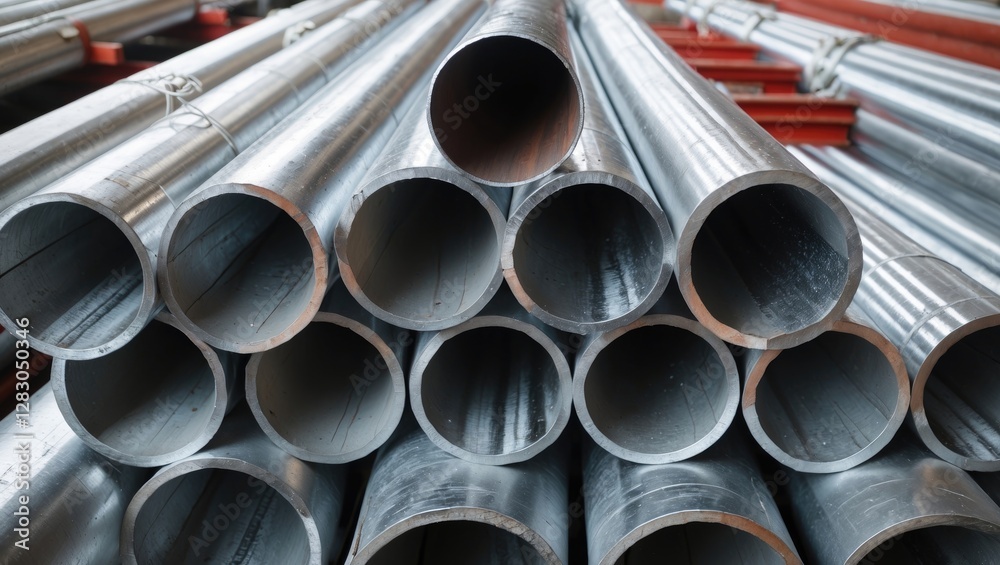 Stacks of industrial metal pipes with circular openings arranged in a structured pattern in a warehouse setting Stacks of industrial metal pipes with circular openings arranged in a structured pattern in a warehouse setting