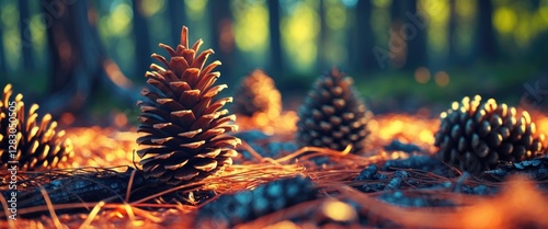 pinecones on forest floor with sunlight filtering through trees creating a warm glow and highlighting surrounding pine needles photo