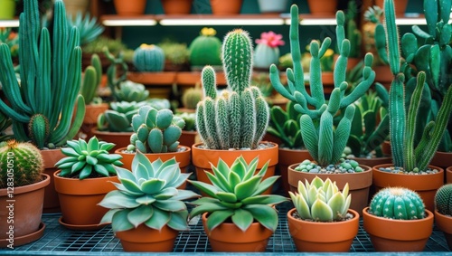 Wallpaper Mural Variety of succulent and cactus plants arranged in terracotta pots in a greenhouse setting with vibrant greenery and textures Torontodigital.ca