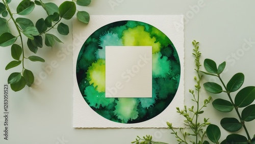 Green watercolor frame with blank center surrounded by foliage on a light background