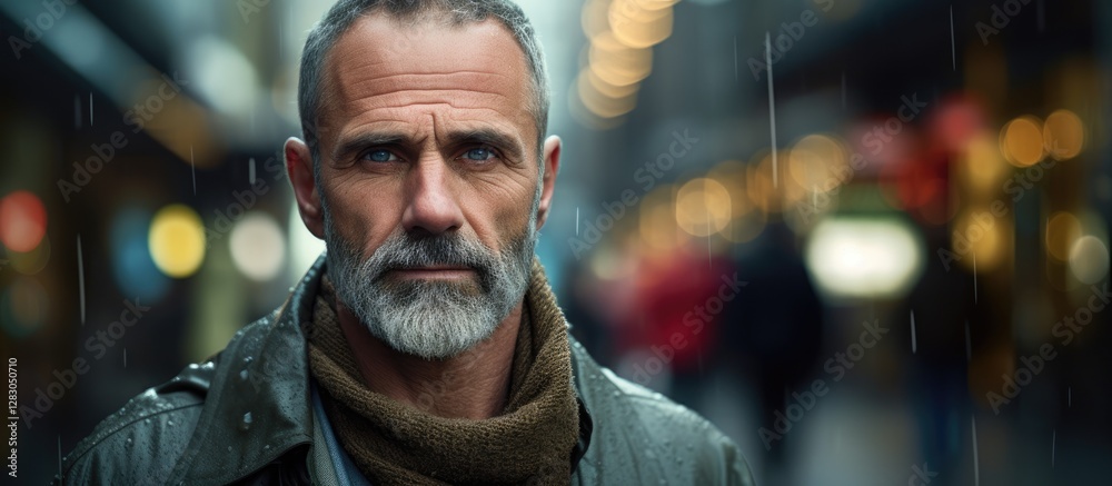 Serious middle-aged man with a gray beard in urban setting, soft bokeh lights, muted colors, rain-soaked ambiance, focused expression. Serious middle-aged man with a gray beard in urban setting, soft bokeh lights, muted colors, rain-soaked ambiance, focused expression.