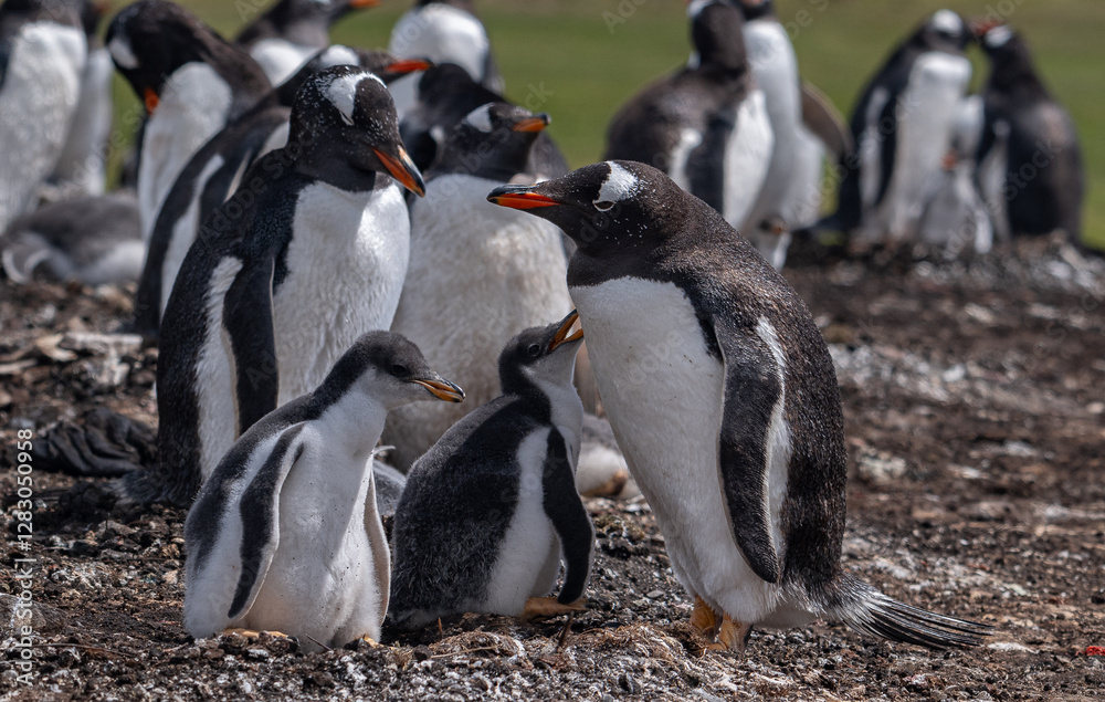 Naklejka premium Gentoo penguins and rookery with chicks and eggs in port Stanley Falklands