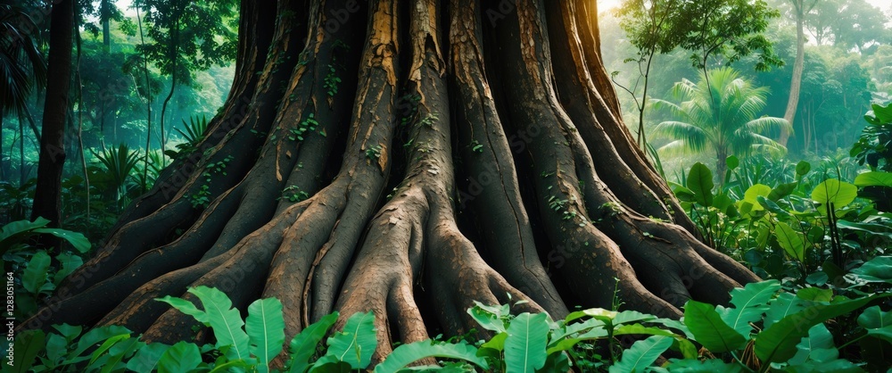 Large tree trunk with thick roots surrounded by lush green vegetation in a tropical rainforest setting. Natural light filtering through trees. Large tree trunk with thick roots surrounded by lush green vegetation in a tropical rainforest setting. Natural light filtering through trees.