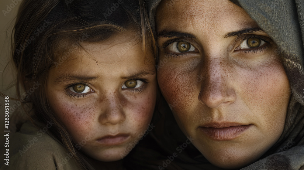Create a deeply emotional and evocative close-up portrait of a mother and her young child in a war-torn setting Create a deeply emotional and evocative close-up portrait of a mother and her young child in a war-torn setting