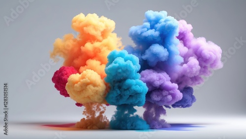 Colorful smoke clouds in various bright shades swirling and merging on a neutral background creating an abstract visual effect