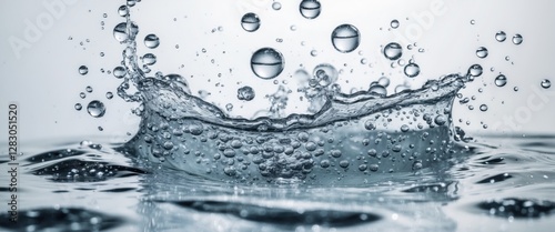 Water splash with air bubbles in clear liquid on a white background under soft lighting with high detail and sharp focus