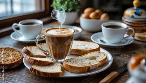 Wallpaper Mural Delicious breakfast spread featuring coffee and assorted breads on a rustic wooden table with natural lighting and cozy ambiance. Torontodigital.ca