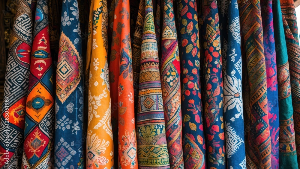 Colorful textiles hanging in rows showcasing intricate patterns and designs in a variety of colors and styles. Colorful textiles hanging in rows showcasing intricate patterns and designs in a variety of colors and styles.