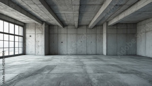 Empty industrial room with concrete walls and floor large windows natural light interior architectural space modern design