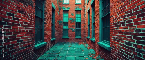 Vintage brick alley with green accents and textured walls, showcasing urban architecture and natural elements in a nostalgic setting. photo