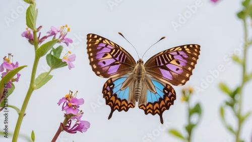 Colorful Towny Coster butterfly perched among vibrant flowers showcasing intricate wing patterns on a soft white background.