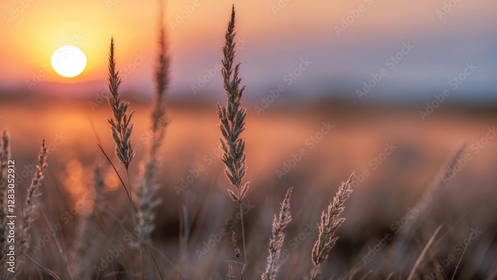 Serene sunset over dry grass with a blurred background creating a peaceful landscape atmosphere ideal for nature photography. Serene sunset over dry grass with a blurred background creating a peaceful landscape atmosphere ideal for nature photography.