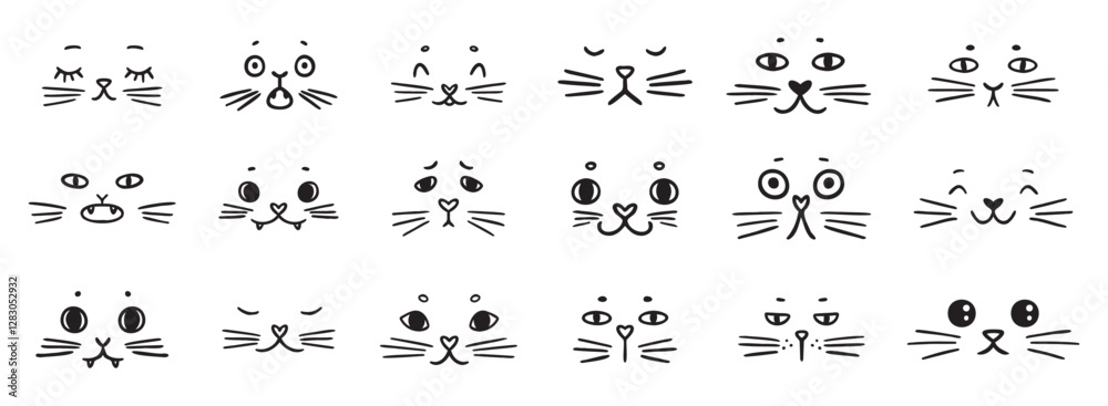 Fototapeta cute funny cat faces doodle hand drawn icon set. Outline drawing cats emotions different mood happy or sad line clipart symbol collection