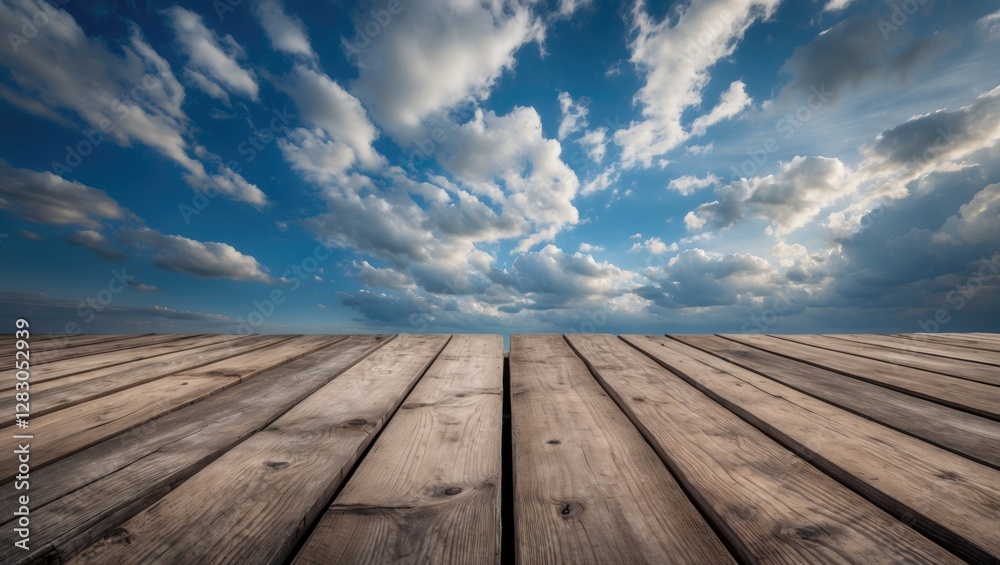 Serene Blue Sky With White Clouds Over Wooden Planks Floor Creating a Tranquil Outdoor Background for Design and Nature Themes Serene Blue Sky With White Clouds Over Wooden Planks Floor Creating a Tranquil Outdoor Background for Design and Nature Themes