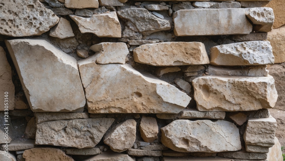 Fototapeta premium Textured stone wall composed of irregularly shaped rocks in varied shades of beige and grey layered together.