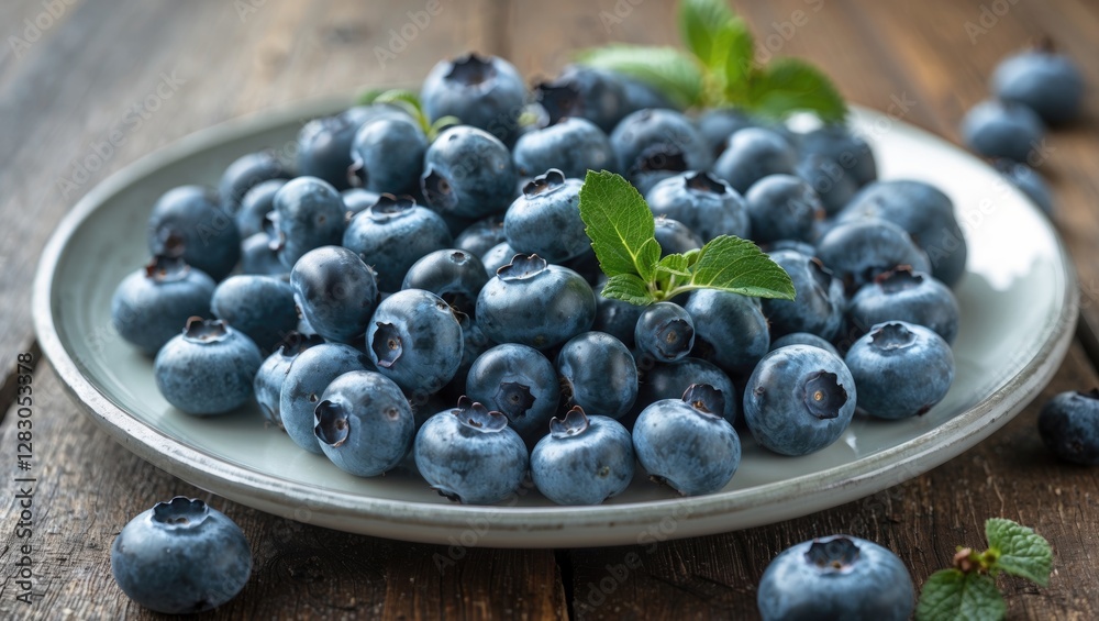 Fresh blueberries on a light gray plate with green mint leaves on a rustic wooden table surface. Fresh blueberries on a light gray plate with green mint leaves on a rustic wooden table surface.