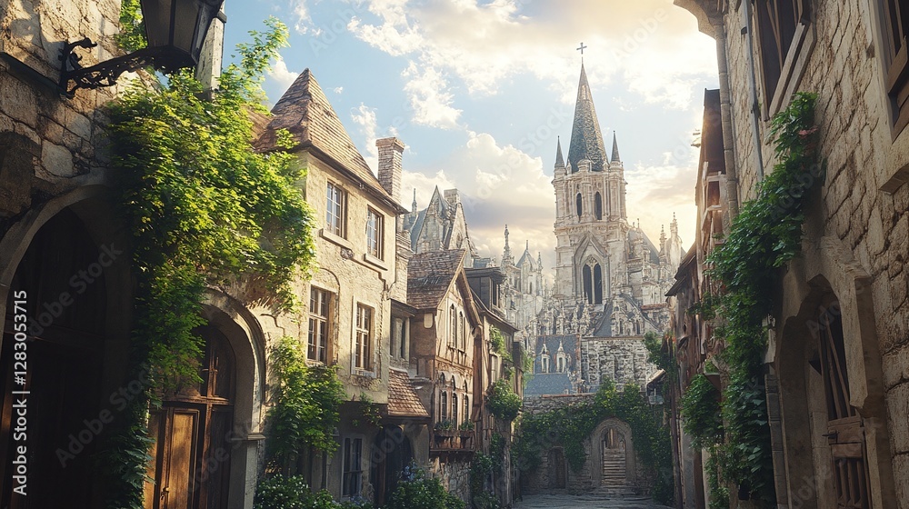 Fototapeta premium majestic old city with a historic landmark church and a tall tower surrounded by narrow streets and beautiful vintage architecture under a cloudy sky