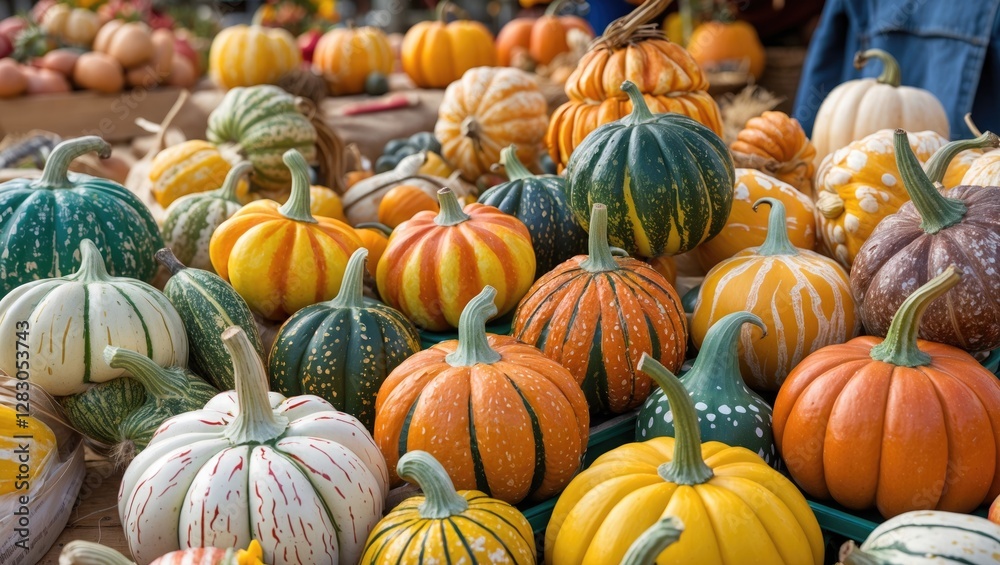 Vibrant Decorative Gourds Displayed at a Farmer's Market During Autumn Season for Thanksgiving and Fall Celebrations Vibrant Decorative Gourds Displayed at a Farmer's Market During Autumn Season for Thanksgiving and Fall Celebrations