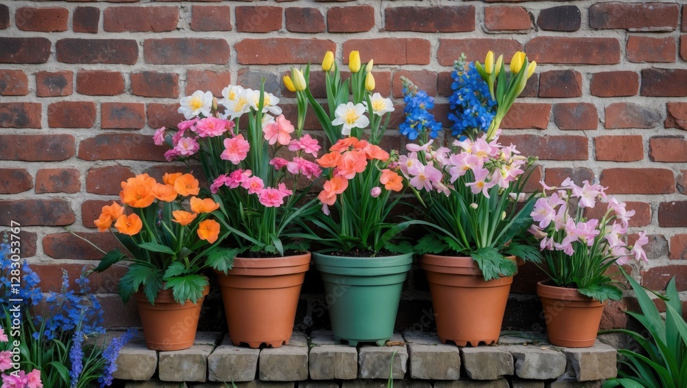 Naklejka premium Potted colorful flowers in ceramic pots arranged against a rustic brick wall in a garden setting