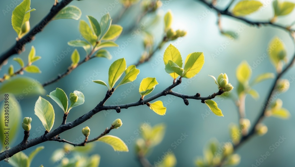 Delicate green leaves and buds on branches symbolize the awakening of nature in spring, highlighting fresh growth and renewal. Delicate green leaves and buds on branches symbolize the awakening of nature in spring, highlighting fresh growth and renewal.