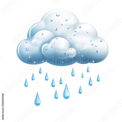 Realistic Cartoon Cloud with Raindrops, Suitable for Illustrations and Designs Related to Weather, Nature, and Rainy Conditions