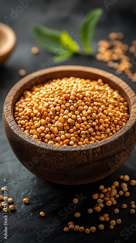 Mustard seeds bowl, dark background