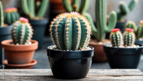 Vibrant cactus in a sleek black pot surrounded by various succulent plants on a rustic wooden surface, ideal for home decor themes. photo