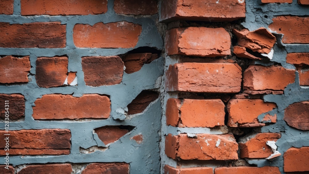 damaged red brick wall with peeling paint and visible cracks textures in urban setting damaged red brick wall with peeling paint and visible cracks textures in urban setting