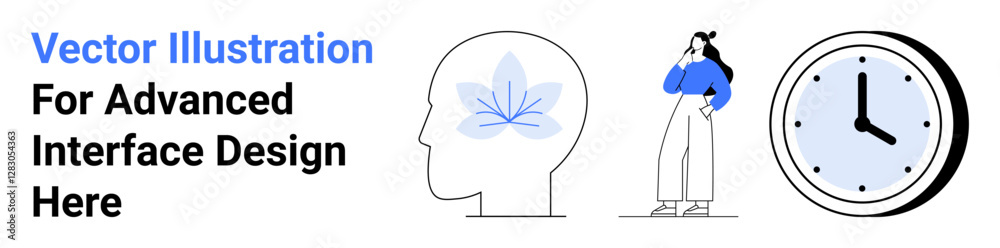 Head with abstract brain graphic, thoughtful woman, clock representing focus, productivity, and mindfulness. Ideal for learning, mental health, business, creativity time management strategy flat Head with abstract brain graphic, thoughtful woman, clock representing focus, productivity, and mindfulness. Ideal for learning, mental health, business, creativity time management strategy flat