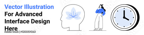 Head with abstract brain graphic, thoughtful woman, clock representing focus, productivity, and mindfulness. Ideal for learning, mental health, business, creativity time management strategy flat