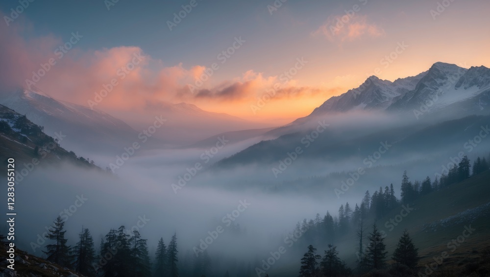 Obraz premium Mountain landscape at sunrise with fog rolling through valleys and pine trees in the foreground and majestic peaks in the background