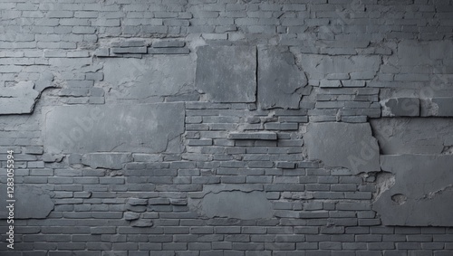 Textured gray brick wall with peeling paint and rough surfaces, industrial style background, suitable for various design applications