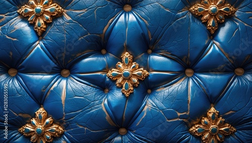 Elegant blue leather upholstery with intricate golden embellishments creating a luxurious and textured background for design projects.