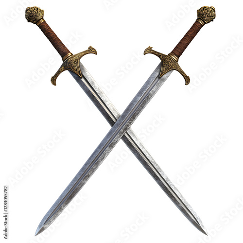 Two crossed medieval swords, isolated on white background