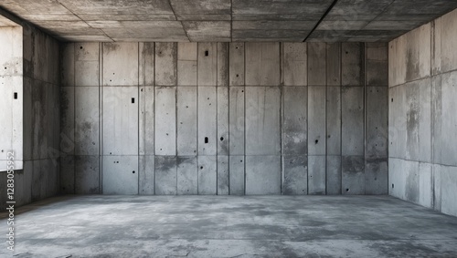 Empty industrial concrete interior room with grey walls and floor, minimalist architecture, natural light from window