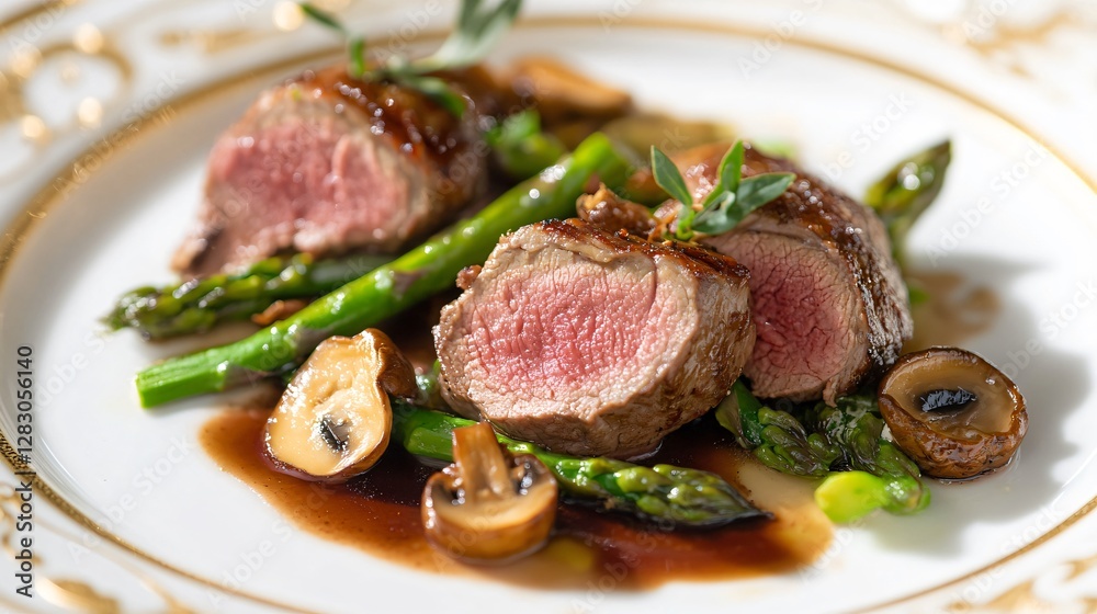 Tender lamb loin medallions, plated with sautéed asparagus and wild mushrooms, on a pristine white plate with gold trim