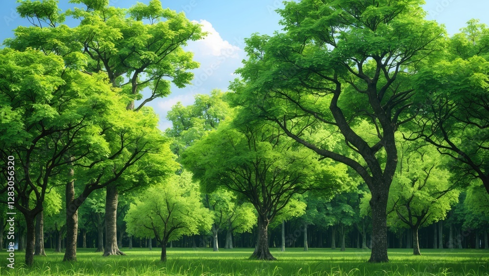 Lush green forest landscape with tall trees and clear blue sky in bright daylight showcasing natural beauty and serenity of nature Lush green forest landscape with tall trees and clear blue sky in bright daylight showcasing natural beauty and serenity of nature